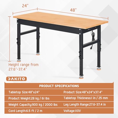 48" Heavy-Duty Adjustable Workbench with Power Outlets