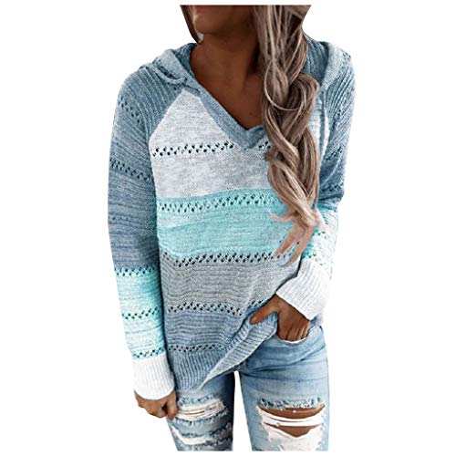 YAnGSale Top Casual Patchwork Sweater Women Fashion Hoodies Long Sleeves Shirt Hooded Blouse Knit Pullover (Sky Blue, XXL)