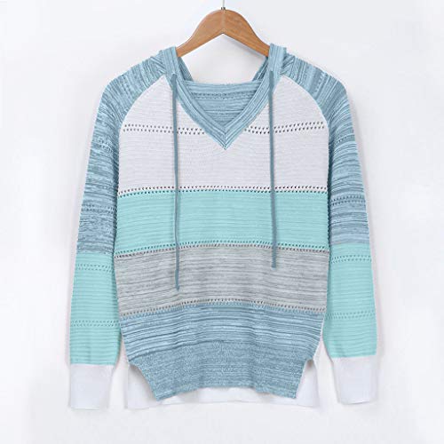 YAnGSale Top Casual Patchwork Sweater Women Fashion Hoodies Long Sleeves Shirt Hooded Blouse Knit Pullover (Sky Blue, XXL)