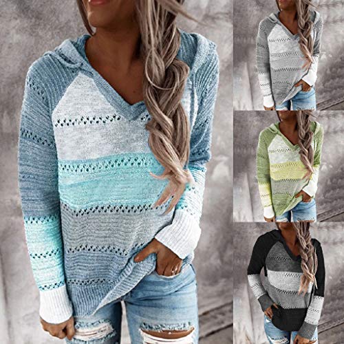 YAnGSale Top Casual Patchwork Sweater Women Fashion Hoodies Long Sleeves Shirt Hooded Blouse Knit Pullover (Sky Blue, XXL)