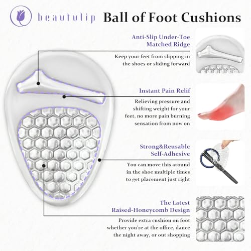 Beautulip Ball of Foot Cushions Women, Metatarsal Pads, High Heel Comfort Pads, Weight Shifting and Shock Absorbing in Shoes (2 Pairs) (Clear)