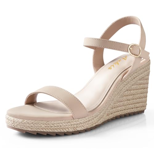 Ankis Platform Wedge Sandals for Women, Nude Espadrille Womens Wedge Sandals Comfortable Open Toe Ankle Strap High Heel Wedges for Women Dressy Summer -3.4Inch