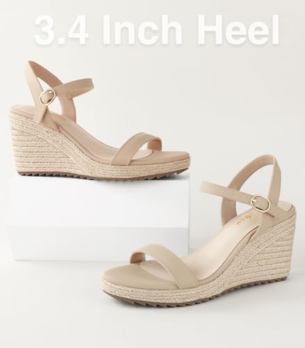 Ankis Platform Wedge Sandals for Women, Nude Espadrille Womens Wedge Sandals Comfortable Open Toe Ankle Strap High Heel Wedges for Women Dressy Summer -3.4Inch