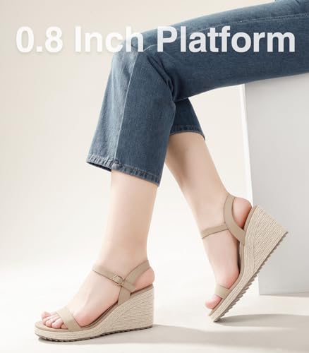 Ankis Platform Wedge Sandals for Women, Nude Espadrille Womens Wedge Sandals Comfortable Open Toe Ankle Strap High Heel Wedges for Women Dressy Summer -3.4Inch