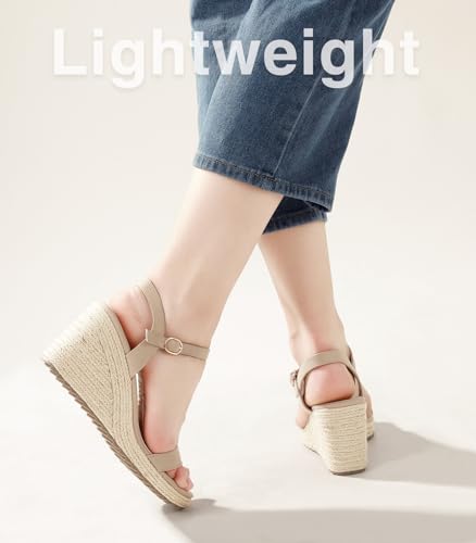 Ankis Platform Wedge Sandals for Women, Nude Espadrille Womens Wedge Sandals Comfortable Open Toe Ankle Strap High Heel Wedges for Women Dressy Summer -3.4Inch