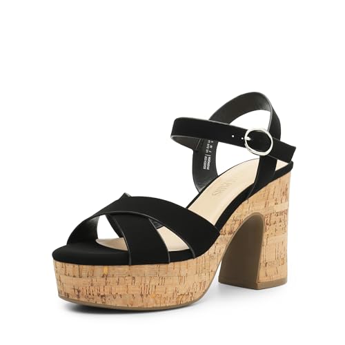 DREAM PAIRS Women's Platform Heels Chunky Round Open Toe Ankle Strap High Block Heeled Sandals,Size 8,BLACK-NUBUCK,SDHS2418W