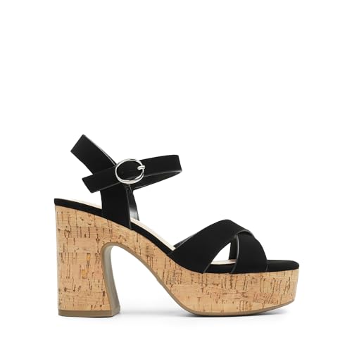 DREAM PAIRS Women's Platform Heels Chunky Round Open Toe Ankle Strap High Block Heeled Sandals,Size 8,BLACK-NUBUCK,SDHS2418W