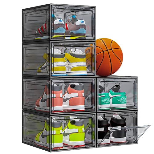 7 code Thicken & Sturdy Clear Shoe Storage Box with Magnetic Door, Stackable Shoe Storage Organizer for Closet, Foldable Shoe Rack for Sneakers, High Heels, Boots, Shoe Display Case, 6 Pack Black
