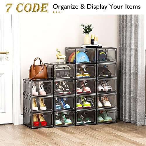 7 code Thicken & Sturdy Clear Shoe Storage Box with Magnetic Door, Stackable Shoe Storage Organizer for Closet, Foldable Shoe Rack for Sneakers, High Heels, Boots, Shoe Display Case, 6 Pack Black