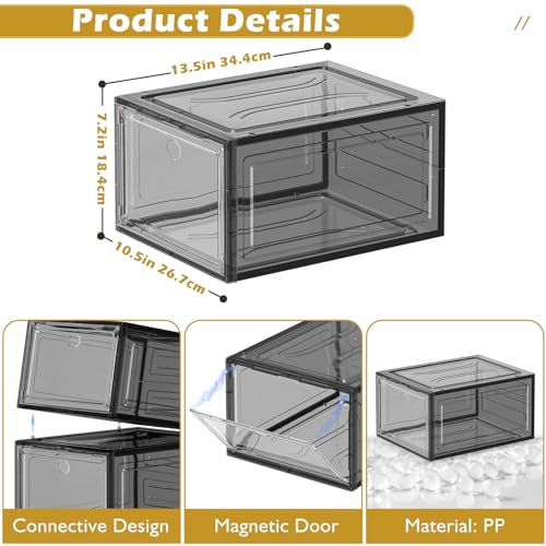 7 code Thicken & Sturdy Clear Shoe Storage Box with Magnetic Door, Stackable Shoe Storage Organizer for Closet, Foldable Shoe Rack for Sneakers, High Heels, Boots, Shoe Display Case, 6 Pack Black