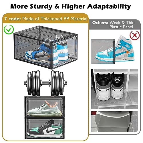 7 code Thicken & Sturdy Clear Shoe Storage Box with Magnetic Door, Stackable Shoe Storage Organizer for Closet, Foldable Shoe Rack for Sneakers, High Heels, Boots, Shoe Display Case, 6 Pack Black