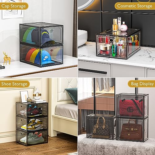 7 code Thicken & Sturdy Clear Shoe Storage Box with Magnetic Door, Stackable Shoe Storage Organizer for Closet, Foldable Shoe Rack for Sneakers, High Heels, Boots, Shoe Display Case, 6 Pack Black