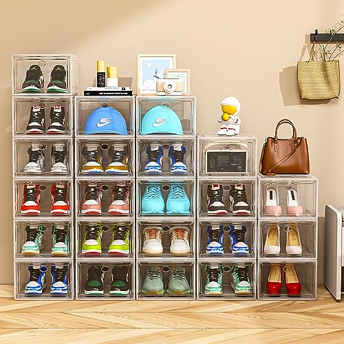 7 code Thicken & Sturdy Clear Shoe Storage Box with Magnetic Door, Stackable Shoe Storage Organizer for Closet, Foldable Shoe Rack for Sneakers, High Heels, Boots, Shoe Display Case, 6 Pack Black