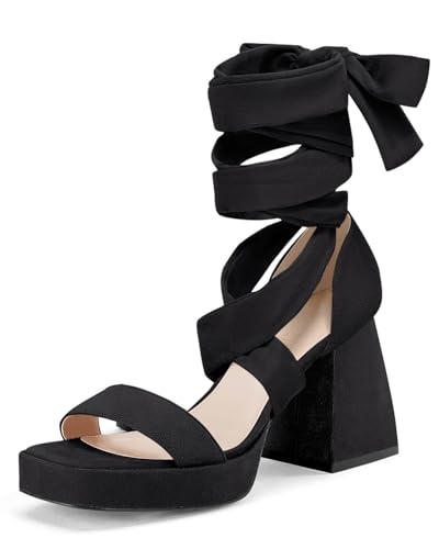 Coutgo Womens Platform Chunky High Heels Lace Up Sandals Ankle Strappy Open Toe Party Dress Shoes, Black, Size 8