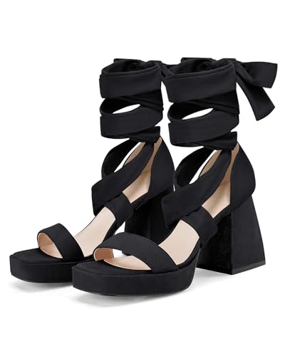 Coutgo Womens Platform Chunky High Heels Lace Up Sandals Ankle Strappy Open Toe Party Dress Shoes, Black, Size 8