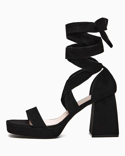 Coutgo Womens Platform Chunky High Heels Lace Up Sandals Ankle Strappy Open Toe Party Dress Shoes, Black, Size 8