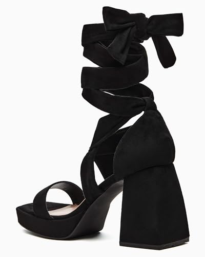 Coutgo Womens Platform Chunky High Heels Lace Up Sandals Ankle Strappy Open Toe Party Dress Shoes, Black, Size 8