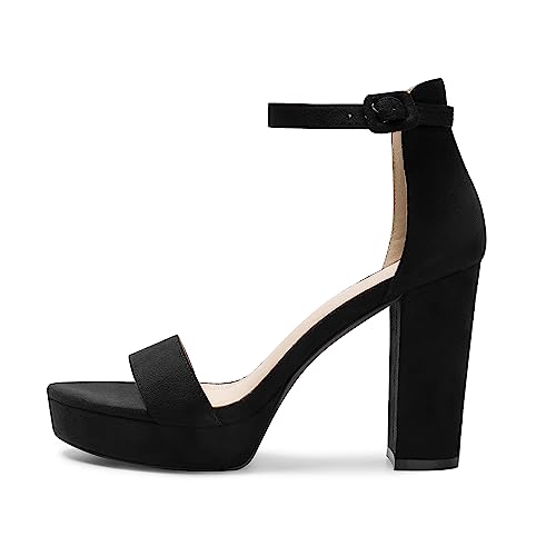 Athlefit Women's Platform Heels 4 Inches Open Toe Ankle Strap Chunky High heels Dress Pump Sandals Black Size 8