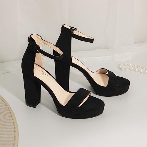 Athlefit Women's Platform Heels 4 Inches Open Toe Ankle Strap Chunky High heels Dress Pump Sandals Black Size 8
