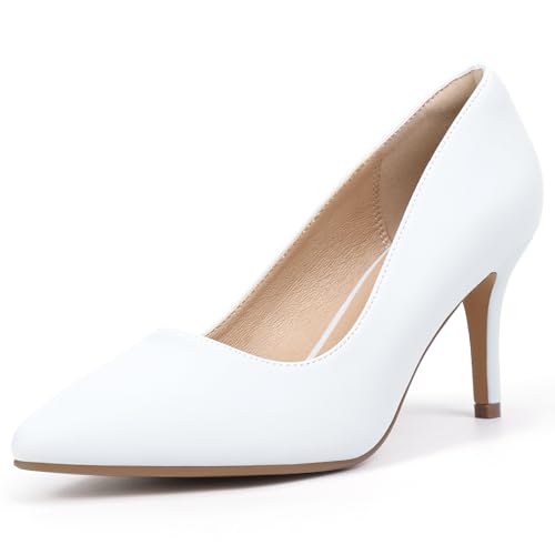 IDIFU White High Heels Pumps Closed Toe Heels Women's Pumps Stiletto Pointed Toe Dress Shoes Wedding Prom Bridal Work Office Bride Trendy Dressy Comfortable Classic Pumps Shoes(White Pu,9)