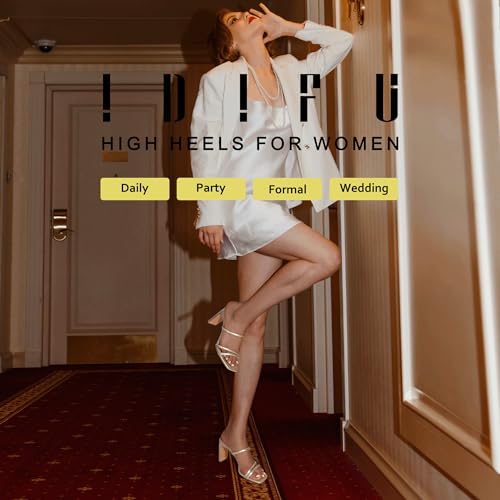 IDIFU Gold Strappy Heels High Chunky Block Heels Square Toe Three Strap Slip On Heels Comfortable Slides Heeled Sandals Sexy Wedding Party Dress Shoes Open Toe Mules Heels for Women(Gold Pu, 8.5)