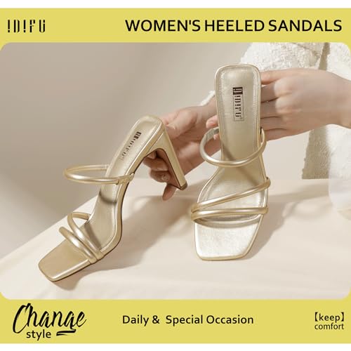 IDIFU Gold Strappy Heels High Chunky Block Heels Square Toe Three Strap Slip On Heels Comfortable Slides Heeled Sandals Sexy Wedding Party Dress Shoes Open Toe Mules Heels for Women(Gold Pu, 8.5)