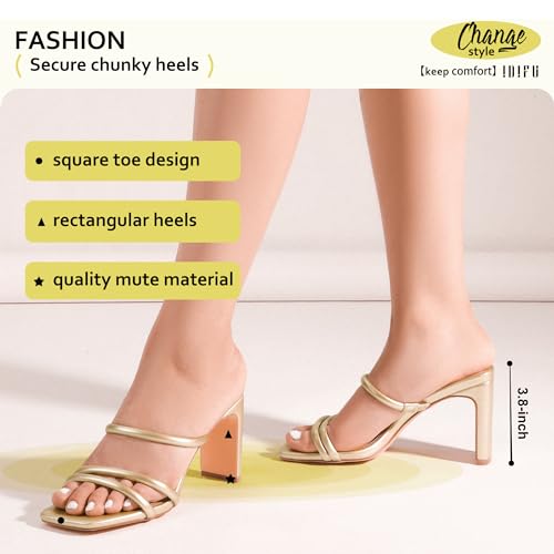 IDIFU Gold Strappy Heels High Chunky Block Heels Square Toe Three Strap Slip On Heels Comfortable Slides Heeled Sandals Sexy Wedding Party Dress Shoes Open Toe Mules Heels for Women(Gold Pu, 8.5)