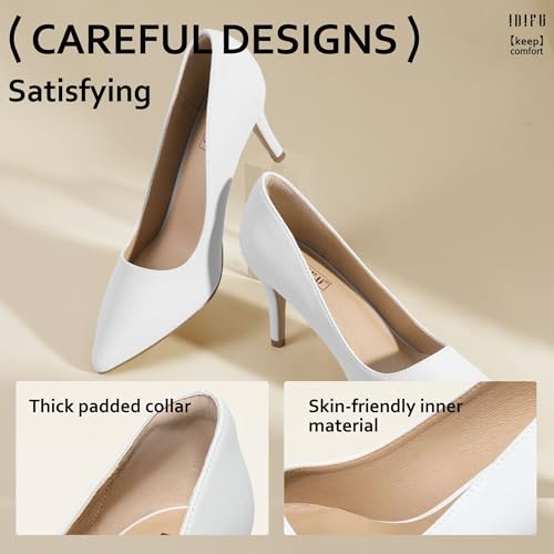 IDIFU White High Heels Pumps Closed Toe Heels Women's Pumps Stiletto Pointed Toe Dress Shoes Wedding Prom Bridal Work Office Bride Trendy Dressy Comfortable Classic Pumps Shoes(White Pu,9)
