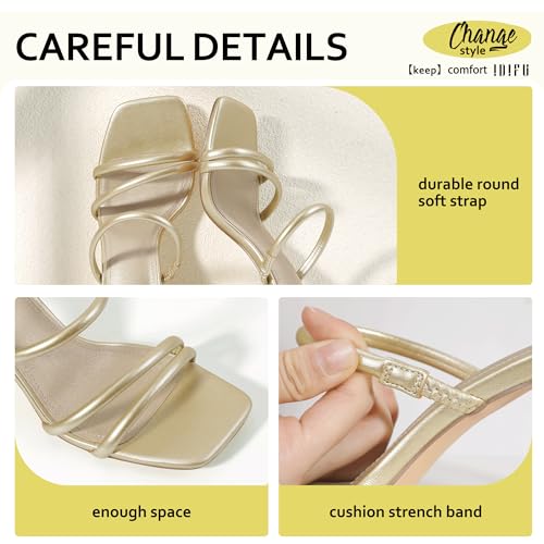 IDIFU Gold Strappy Heels High Chunky Block Heels Square Toe Three Strap Slip On Heels Comfortable Slides Heeled Sandals Sexy Wedding Party Dress Shoes Open Toe Mules Heels for Women(Gold Pu, 8.5)