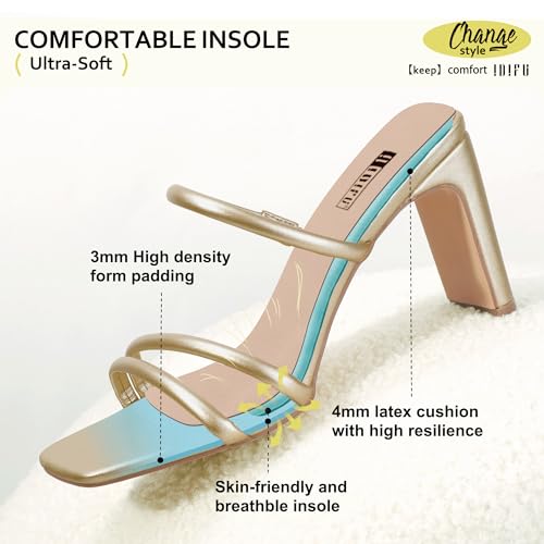 IDIFU Gold Strappy Heels High Chunky Block Heels Square Toe Three Strap Slip On Heels Comfortable Slides Heeled Sandals Sexy Wedding Party Dress Shoes Open Toe Mules Heels for Women(Gold Pu, 8.5)