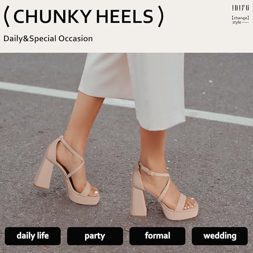 IDIFU Nude Heels Block Strappy Platform Chunky High Heels for Women Square Toe Heels Sexy Wedding Bridal Dress Shoes Open Toe Ankle Strap Heeled Sandals Comfortable Thick Heels(Nude Nubuck, 8)