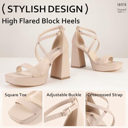 IDIFU Nude Heels Block Strappy Platform Chunky High Heels for Women Square Toe Heels Sexy Wedding Bridal Dress Shoes Open Toe Ankle Strap Heeled Sandals Comfortable Thick Heels(Nude Nubuck, 8)
