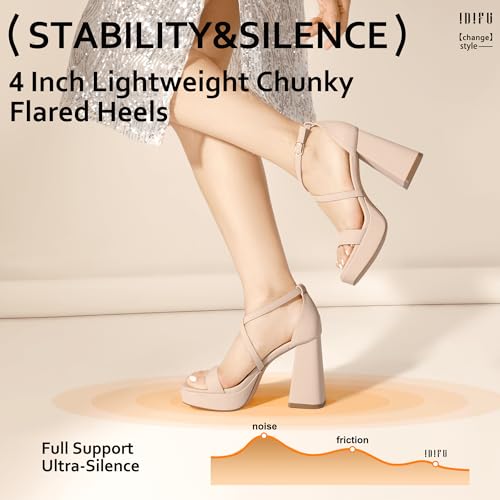 IDIFU Nude Heels Block Strappy Platform Chunky High Heels for Women Square Toe Heels Sexy Wedding Bridal Dress Shoes Open Toe Ankle Strap Heeled Sandals Comfortable Thick Heels(Nude Nubuck, 8)
