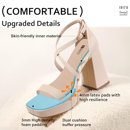 IDIFU Nude Heels Block Strappy Platform Chunky High Heels for Women Square Toe Heels Sexy Wedding Bridal Dress Shoes Open Toe Ankle Strap Heeled Sandals Comfortable Thick Heels(Nude Nubuck, 8)