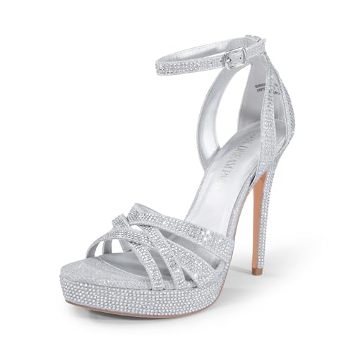 DREAM PAIRS Women's Platform Stiletto Heels Open Toe Ankle Strappy High Heels Fashion Wedding Dressy Pump Sandals Shoes,Size 8.5,SILVER-GLITTER,SDHS2424W