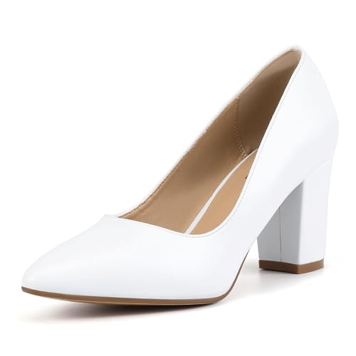 IDIFU Women's IN3 Classic Pumps Closed Toe Heels High Chunky Block Work Office Heels Comfortable Wedding Bridal Party Pointed Toe Dress Shoes for Women(White pu 12 M US)