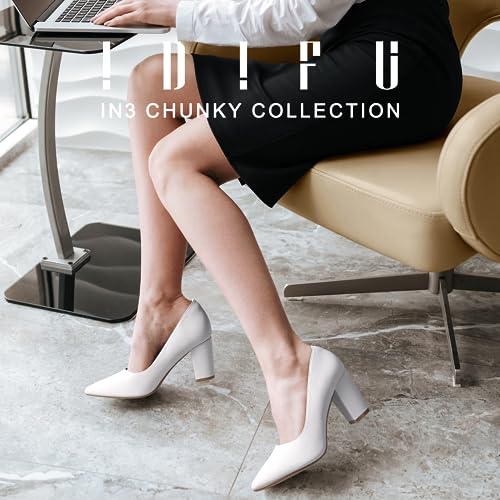 IDIFU Women's IN3 Classic Pumps Closed Toe Heels High Chunky Block Work Office Heels Comfortable Wedding Bridal Party Pointed Toe Dress Shoes for Women(White pu 12 M US)