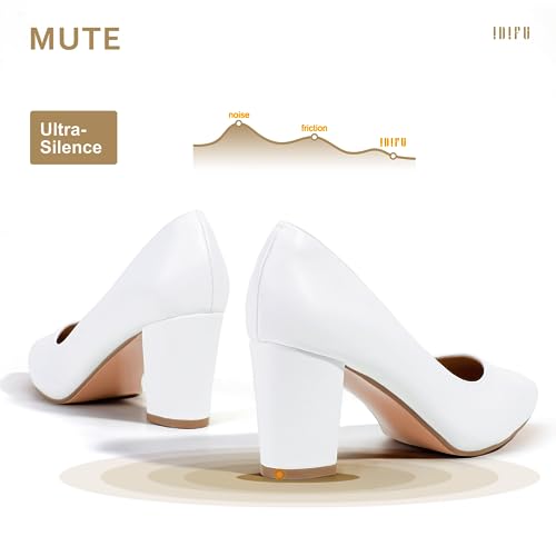 IDIFU Women's IN3 Classic Pumps Closed Toe Heels High Chunky Block Work Office Heels Comfortable Wedding Bridal Party Pointed Toe Dress Shoes for Women(White pu 12 M US)