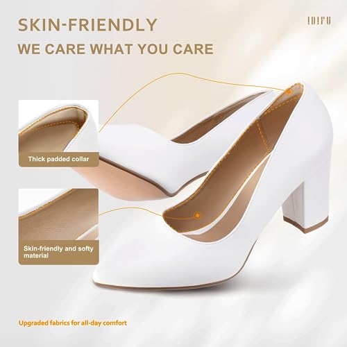 IDIFU Women's IN3 Classic Pumps Closed Toe Heels High Chunky Block Work Office Heels Comfortable Wedding Bridal Party Pointed Toe Dress Shoes for Women(White pu 12 M US)