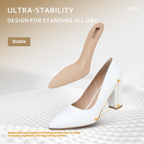 IDIFU Women's IN3 Classic Pumps Closed Toe Heels High Chunky Block Work Office Heels Comfortable Wedding Bridal Party Pointed Toe Dress Shoes for Women(White pu 12 M US)