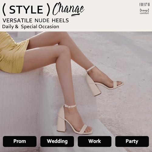 IDIFU Nude Heels High Chunky Block Heels Square Open Toe Ankle Strap Heeled Sandals Wedding Bridal Prom Dressy Comfortable Sexy Trendy Bride Bridesmaid Dress Shoes Cute Thick Heels(Nude Nubuck, 7.5)