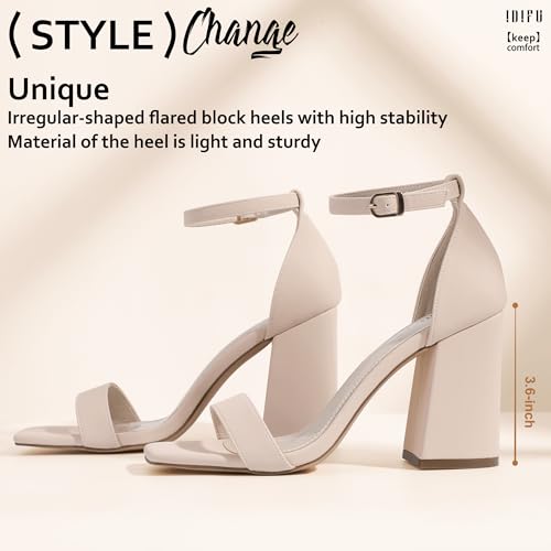 IDIFU Nude Heels High Chunky Block Heels Square Open Toe Ankle Strap Heeled Sandals Wedding Bridal Prom Dressy Comfortable Sexy Trendy Bride Bridesmaid Dress Shoes Cute Thick Heels(Nude Nubuck, 7.5)