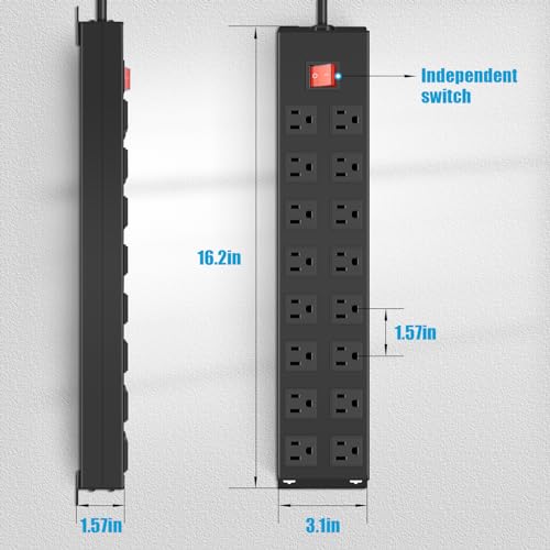 Metal 16 Outlet Mountable Power Strip, Wall Mountable