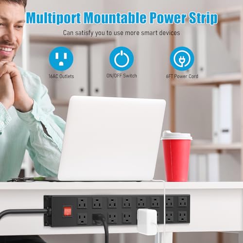 Metal 16 Outlet Mountable Power Strip, Wall Mountable