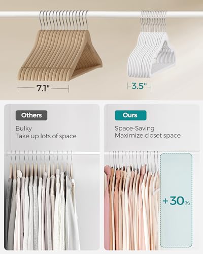 SONGMICS Velvet Hangers 60 Pack, Non-Slip Clothes Hangers, Suit Hangers with Shoulder Notches, Pants Bar, 360° Swivel Hook, Space-Saving, for Closet, Cloud White UCRF030W01