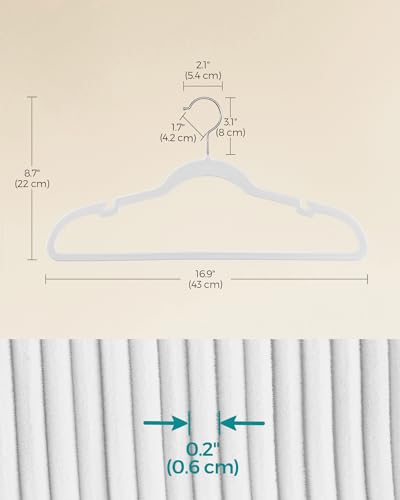 SONGMICS Velvet Hangers 60 Pack, Non-Slip Clothes Hangers, Suit Hangers with Shoulder Notches, Pants Bar, 360° Swivel Hook, Space-Saving, for Closet, Cloud White UCRF030W01