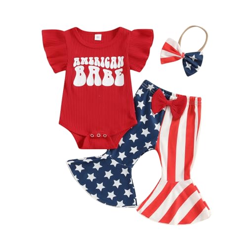 Kuriozud Newborn Baby Girl 4th of July Outfit Ruffle Romper American Flag Flare Pants Set Infant Fourth of July Summer Clothes (American babe red, 0-3 Months)