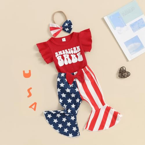 Kuriozud Newborn Baby Girl 4th of July Outfit Ruffle Romper American Flag Flare Pants Set Infant Fourth of July Summer Clothes (American babe red, 0-3 Months)