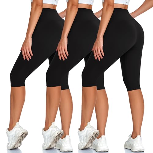Hi Clasmix 3 Pack Women's Knee Length Leggings-High Waisted Capri Pants Biker Shorts for Women Yoga Workout Shorts Summer