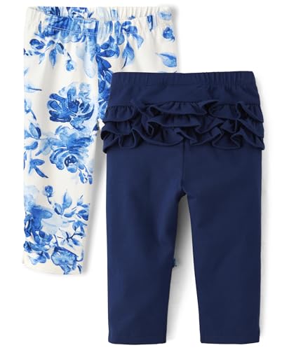 The Children's Place Baby Girl's and Newborn Ruffle Pull-On Pants, Milky Way Blue 2-Pack, 0-3 Months